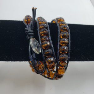 Black Wrap Bracelet with Faceted Amber And Black Colored Glass Beads